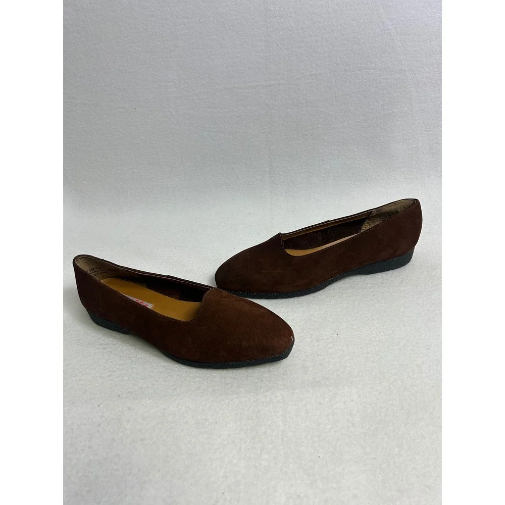 Dark Academia Mobility Womens 7.5‎ Brown Suede Leather Low Wedge Loafer Flats